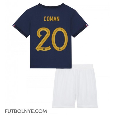 Camiseta Francia Kingsley Coman #20 Primera Equipación para niños Mundial 2022 manga corta (+ pantalones cortos)